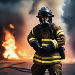 A brave firefighter in full gear laying a hose, ready to fight a fire