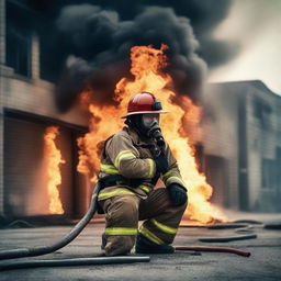 A brave firefighter in full gear laying a hose, ready to fight a fire