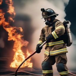 A brave firefighter in full gear laying a hose, ready to fight a fire