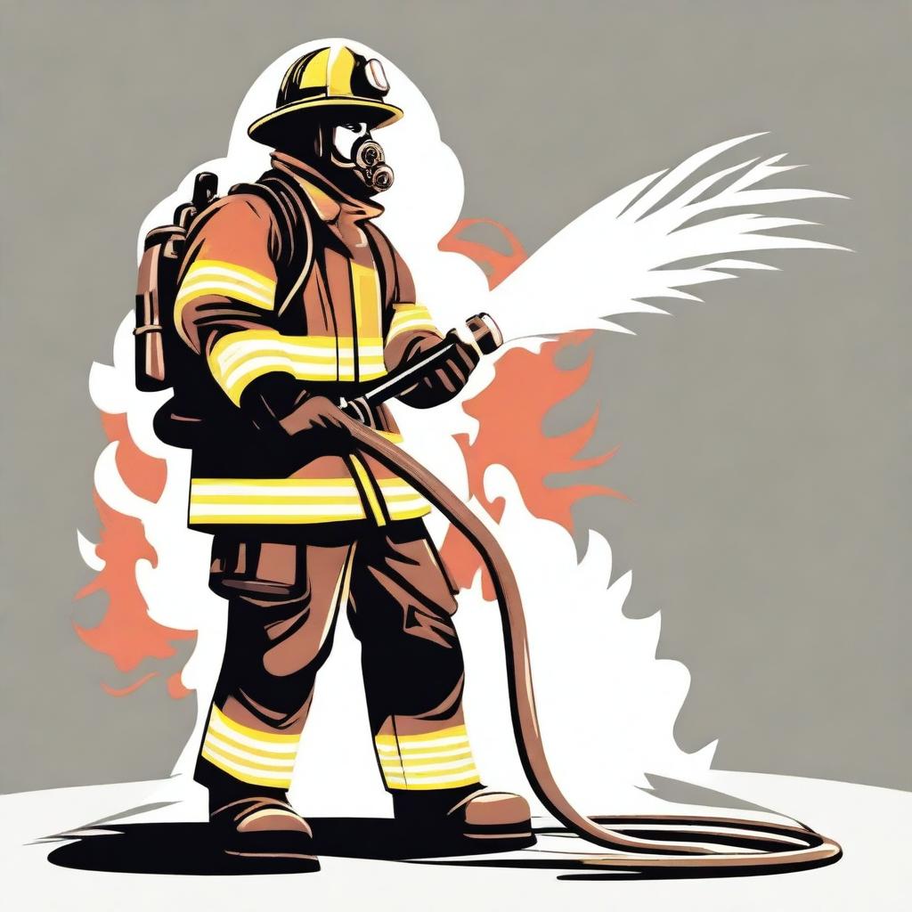 A vector image of a firefighter in full gear, holding a hose and ready to fight a fire