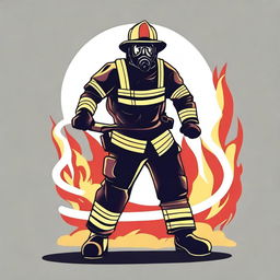 A vector image of a firefighter in full gear, holding a hose and ready to fight a fire