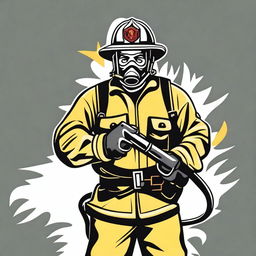 A vector image of a firefighter in full gear, holding a hose and ready to fight a fire