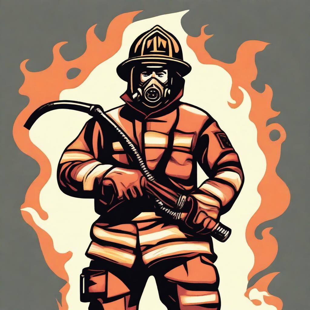 A vector image of a firefighter in full gear, holding a hose and ready to fight a fire