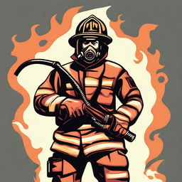 A vector image of a firefighter in full gear, holding a hose and ready to fight a fire