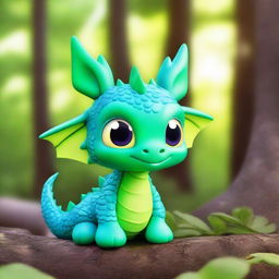 Create a Pixar-style baby dragon with a cute, friendly face, small horns, and sparkling scales