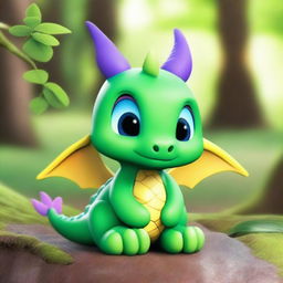 Create a Pixar-style baby dragon with a cute, friendly face, small horns, and sparkling scales