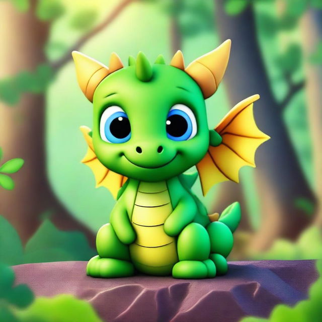 Create a Pixar-style baby dragon with a cute, friendly face, small horns, and sparkling scales