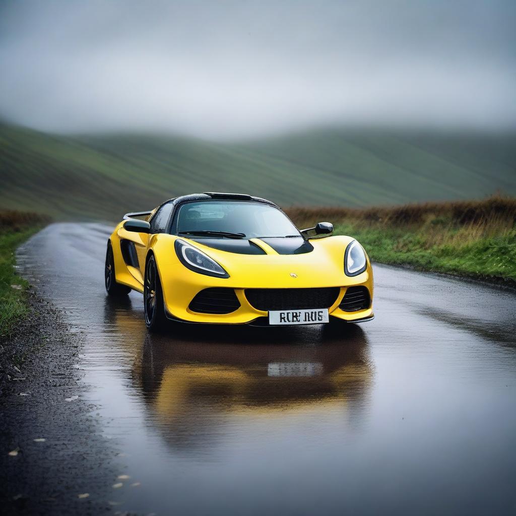 A Lotus Exige sports car is driving on a wet and damp hill