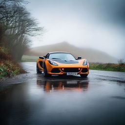 A Lotus Exige sports car is driving on a wet and damp hill