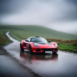 A Lotus Exige sports car is driving on a wet and damp hill