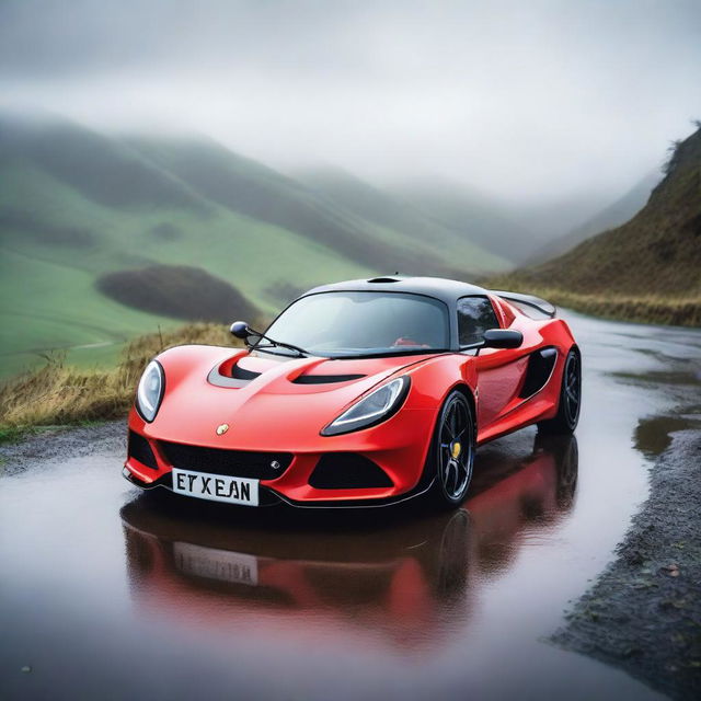 A Lotus Exige sports car is driving on a wet and damp hill