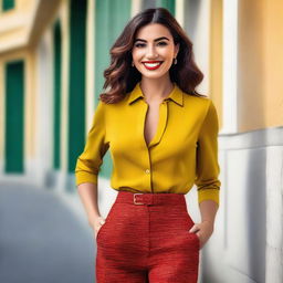 A beautiful woman posing confidently with a stylish outfit and a captivating smile