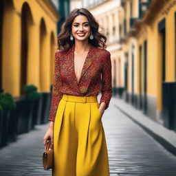 A beautiful woman posing confidently with a stylish outfit and a captivating smile