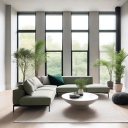 A beautifully designed modern living room interior with sleek furniture, minimalistic decor, and large windows allowing natural light to flood the space