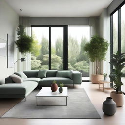 A beautifully designed modern living room interior with sleek furniture, minimalistic decor, and large windows allowing natural light to flood the space