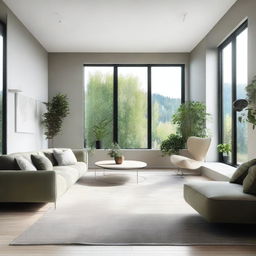 A beautifully designed modern living room interior with sleek furniture, minimalistic decor, and large windows allowing natural light to flood the space