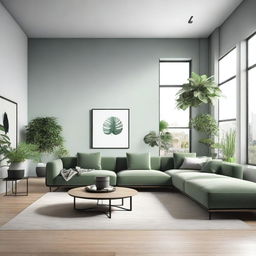 A beautifully designed modern living room interior with sleek furniture, minimalistic decor, and large windows allowing natural light to flood the space