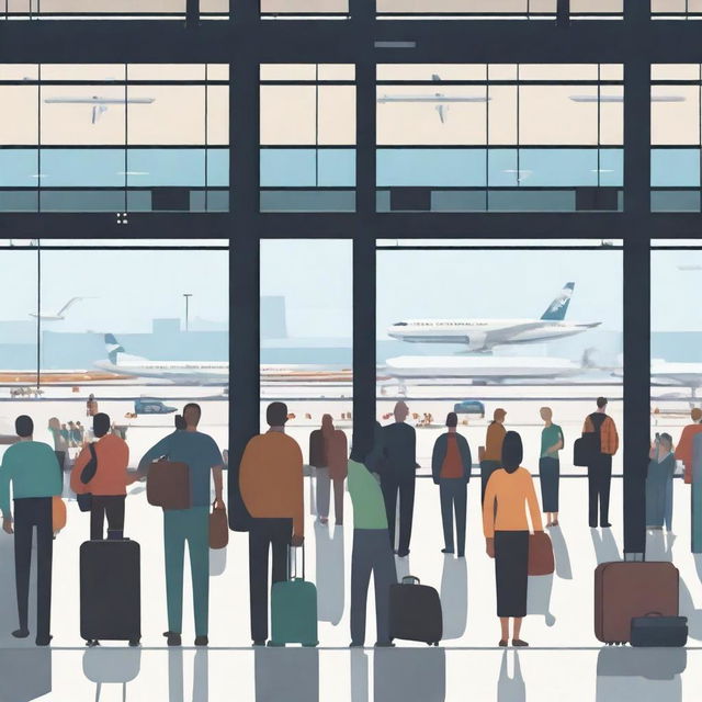 A busy airport scene with travelers waiting in the terminal