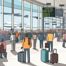 A busy airport scene with travelers waiting in the terminal