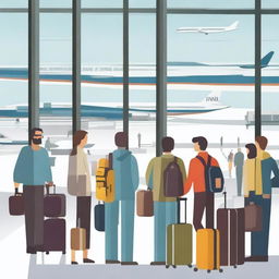 A busy airport scene with travelers waiting in the terminal