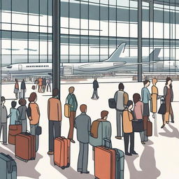 A busy airport scene with travelers waiting in the terminal