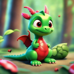 In a beautiful, shimmering forest, a baby dragon is chatting with a ladybug