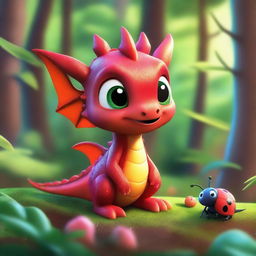 In a beautiful, shimmering forest, a baby dragon is chatting with a ladybug