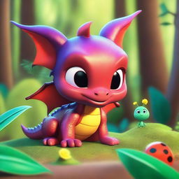 In a beautiful, shimmering forest, a baby dragon is chatting with a ladybug