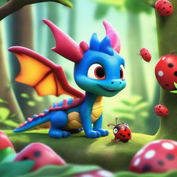 In a beautiful, shimmering forest, a baby dragon is chatting with a ladybug