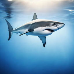 A detailed and realistic image of a great white shark swimming in the ocean