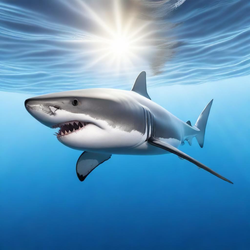 A detailed and realistic image of a great white shark swimming in the ocean