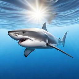 A detailed and realistic image of a great white shark swimming in the ocean