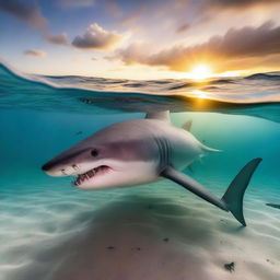 A dramatic image of a tiger shark attacking a turtle under the ocean at sunset