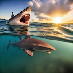 A dramatic image of a tiger shark attacking a turtle under the ocean at sunset