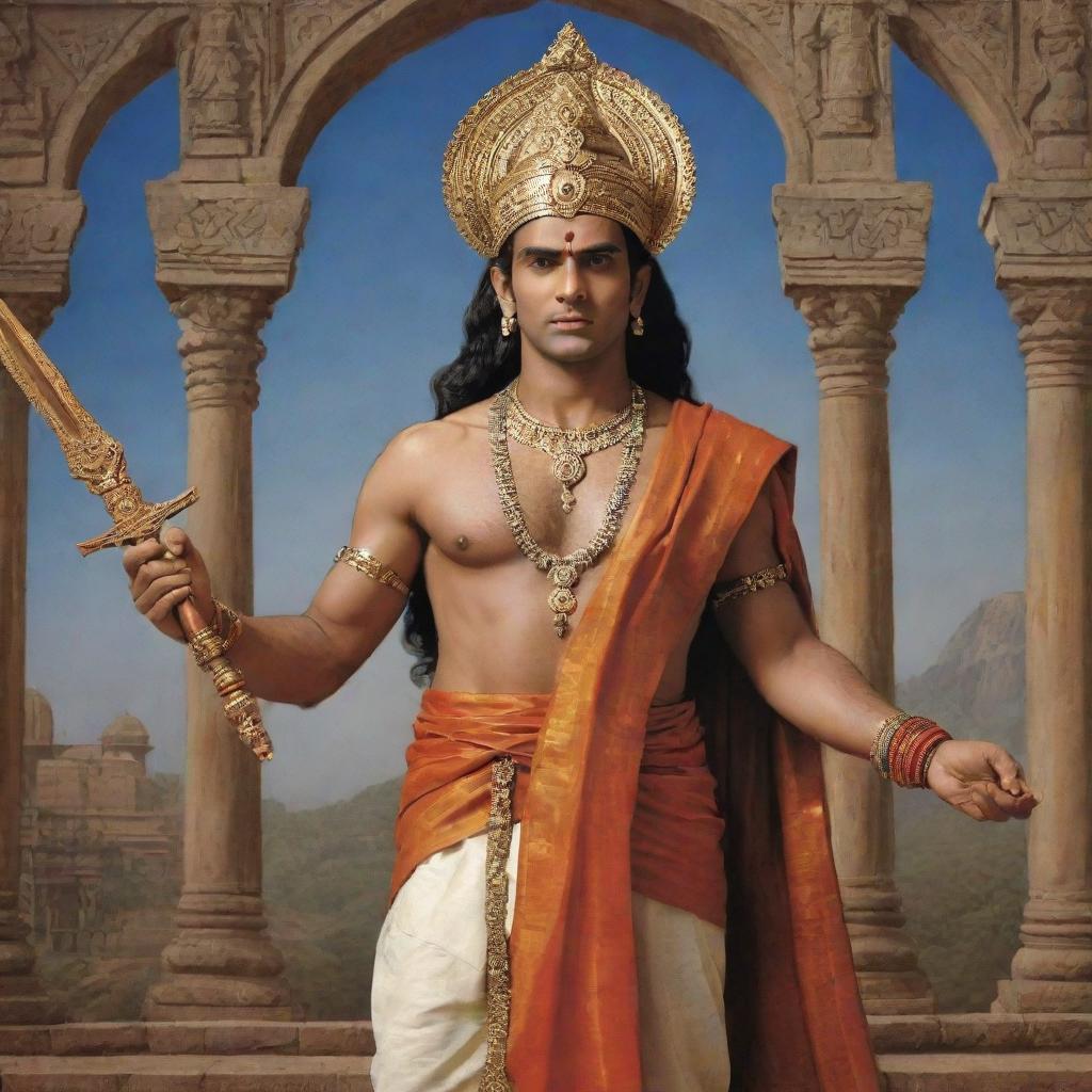 A regal depiction of Lord Rama from 7 years ago, in traditional attire, bearing his signature weapons, against an ancient Indian backdrop