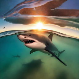 A dramatic image of a tiger shark attacking a turtle under the ocean at sunset