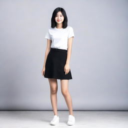 A girl wearing a black skirt and a white t-shirt, standing in a casual pose