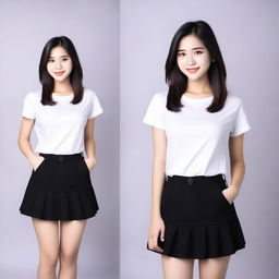 A girl wearing a black skirt and a white t-shirt, standing in a casual pose