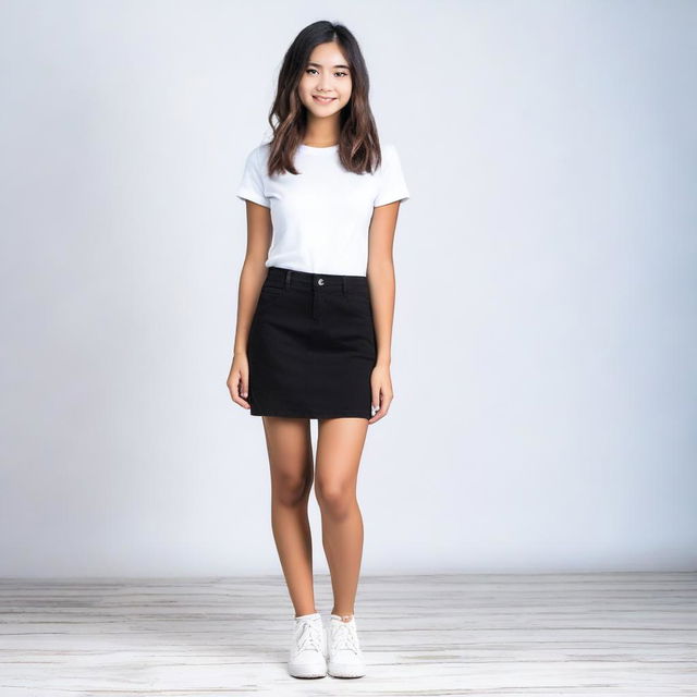 A girl wearing a black skirt and a white t-shirt, standing in a casual pose