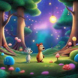 In a beautiful, shimmering forest, the scene is rendered in a Pixar-style animation, featuring vibrant colors, detailed textures, and whimsical elements