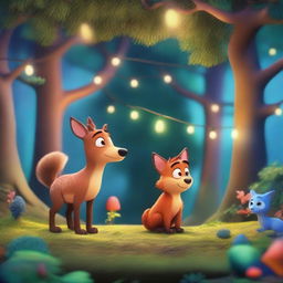 In a beautiful, shimmering forest, the scene is rendered in a Pixar-style animation, featuring vibrant colors, detailed textures, and whimsical elements