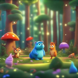 In a beautiful, shimmering forest, the scene is rendered in a Pixar-style animation, featuring vibrant colors, detailed textures, and whimsical elements