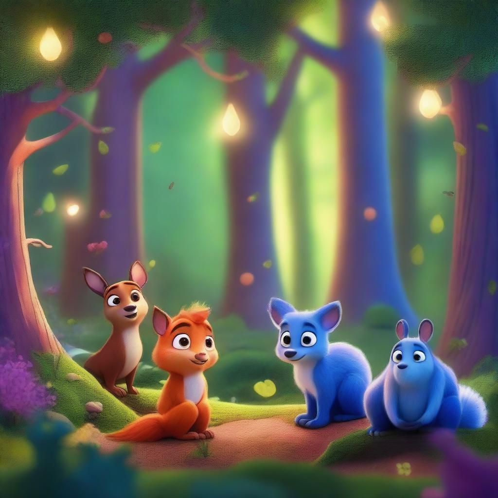 In a beautiful, shimmering forest, the scene is rendered in a Pixar-style animation, featuring vibrant colors, detailed textures, and whimsical elements