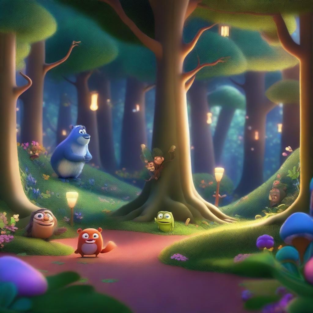 A beautiful, shimmering forest rendered in a Pixar-style animation