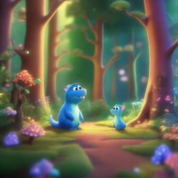 A beautiful, shimmering forest rendered in a Pixar-style animation