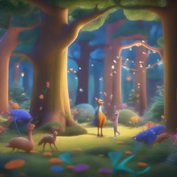 A beautiful, shimmering forest rendered in a Pixar-style animation