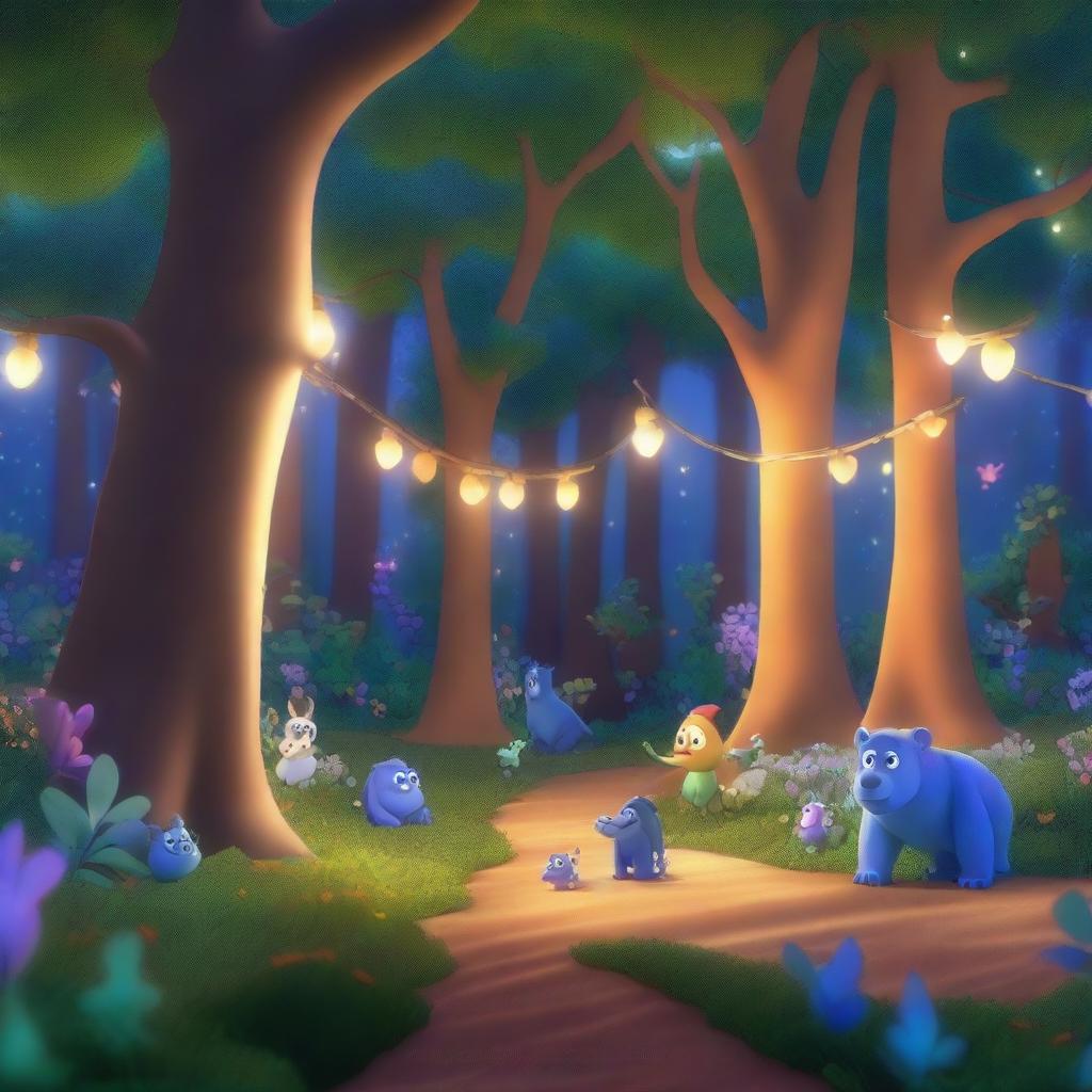 A beautiful, shimmering forest rendered in a Pixar-style animation