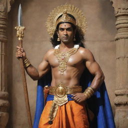 A regal depiction of Lord Rama from 7 years ago, in traditional attire, bearing his signature weapons, against an ancient Indian backdrop