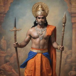 A regal depiction of Lord Rama from 7 years ago, in traditional attire, bearing his signature weapons, against an ancient Indian backdrop