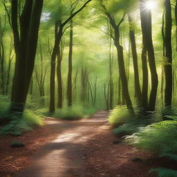 A serene winding path through a dense, lush forest